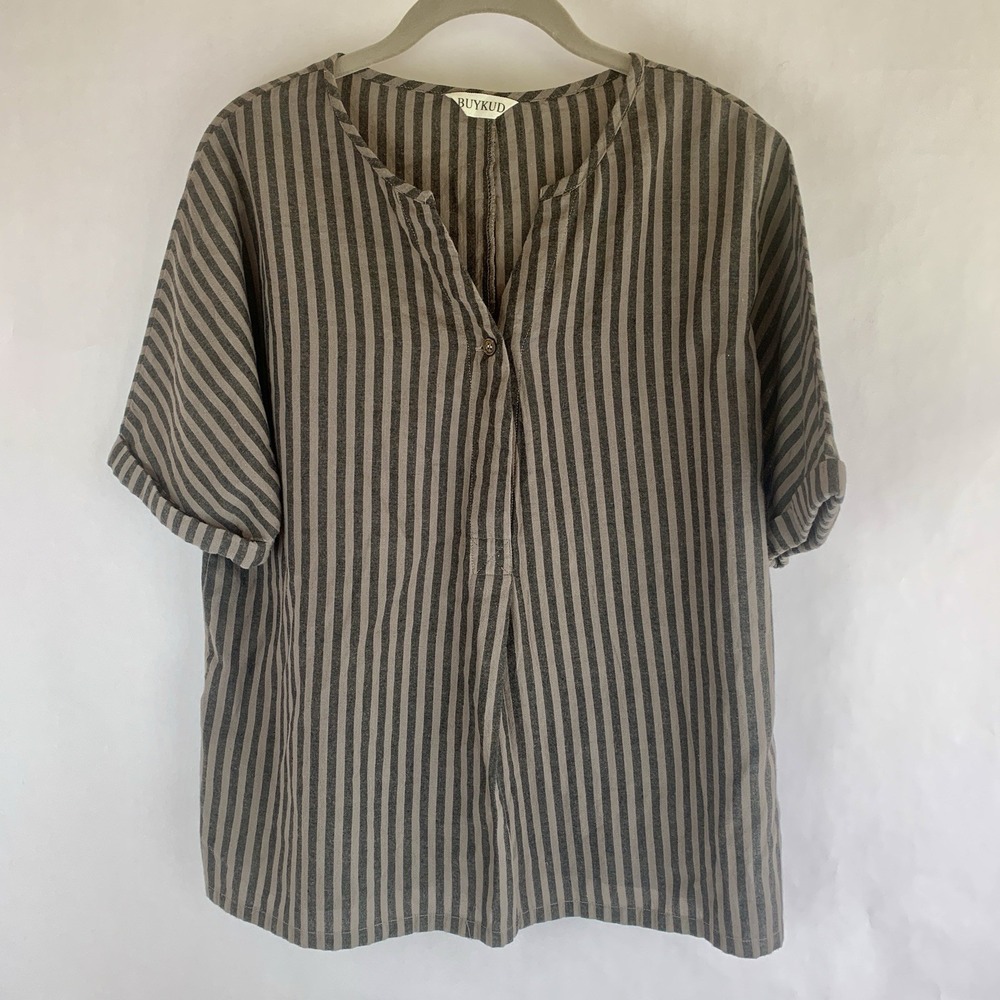 Buykud Womens Shirt Linen Cotton Striped Black Brown Lagenlook Oversized Large